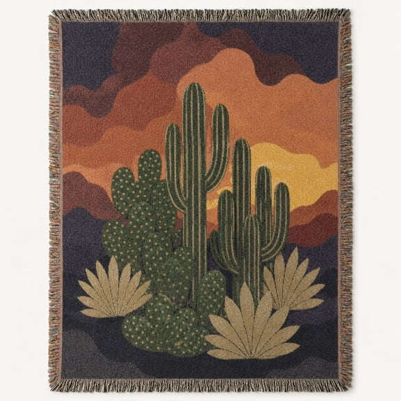 Desert Cactus Sunset Woven Throw Blanket – 100% Cotton, Fringe Edges, Southwest Boho Home Decor