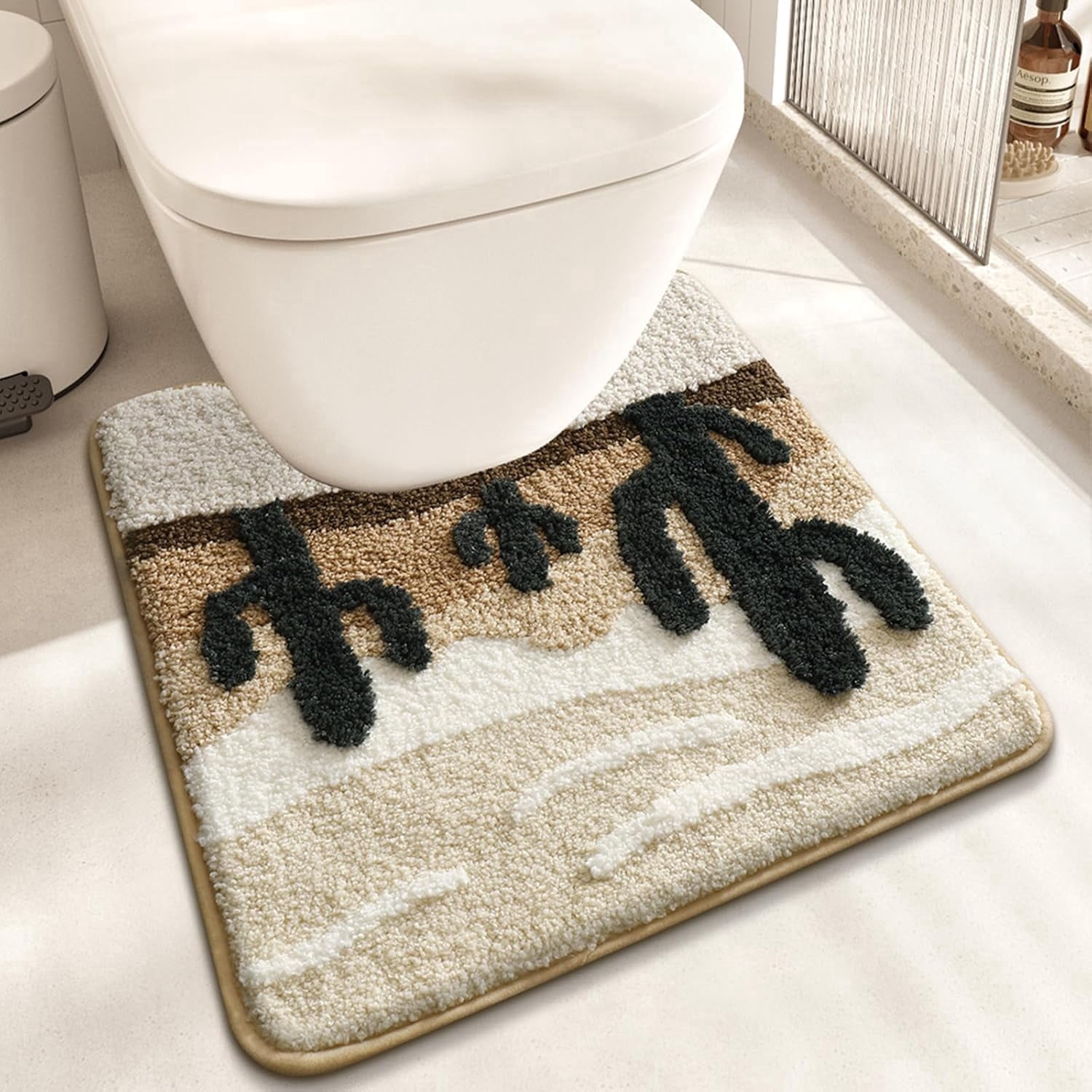 Desert Cactus Toilet Mat, U-Shaped Non-Slip Bath Rug with Soft Absorbent Microfiber, Beige Brown Bathroom Floor Mat for Toilet Base, Machine Washable Bathroom Decor 22x20 Inch