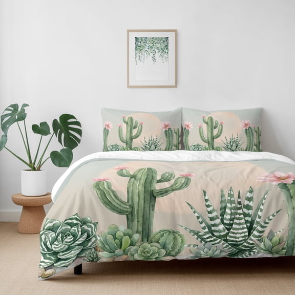 Desert Cactus Tropical Plant California King Size Bed Set,Gradient Green Leaves Flower Bedding for All Seasons,4 Pcs Bed Set with 1 Quiltcover (96"x104"),1 Sheet (110"x98"),2 Pillowcases (20"x36")