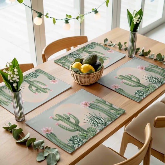 Desert Cactus Tropical Plant Placemats Set of 4,Wipeable Washable Table Mats for Dining Tables, Gradient Green Leaves Flower Place Mats for Kitchen Event Party Tabletop Decor