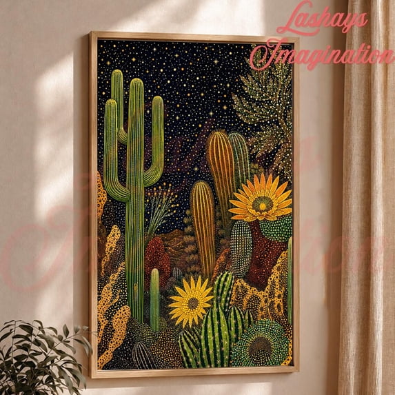 Starryskye Desert Cactus Under Starry Sky Wall Art Print, Celestial Southwestern ...