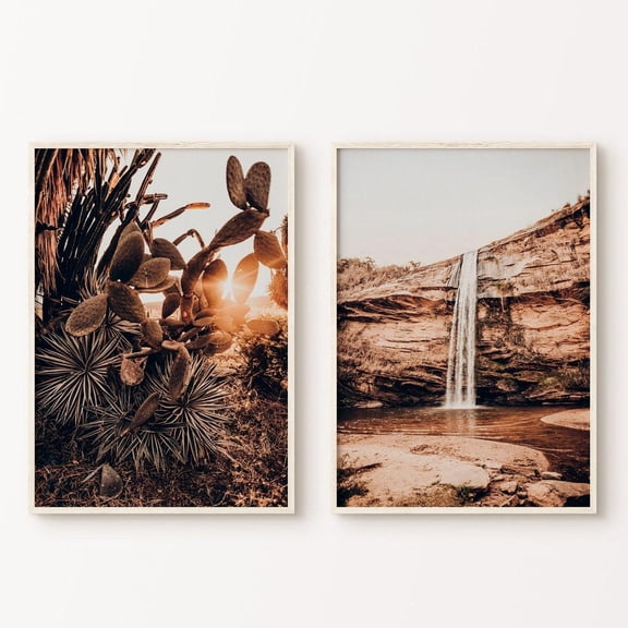 Desert Cactus Waterfall Boho Nature Saguaro Theme Accent Set 2 Stretched Canvas