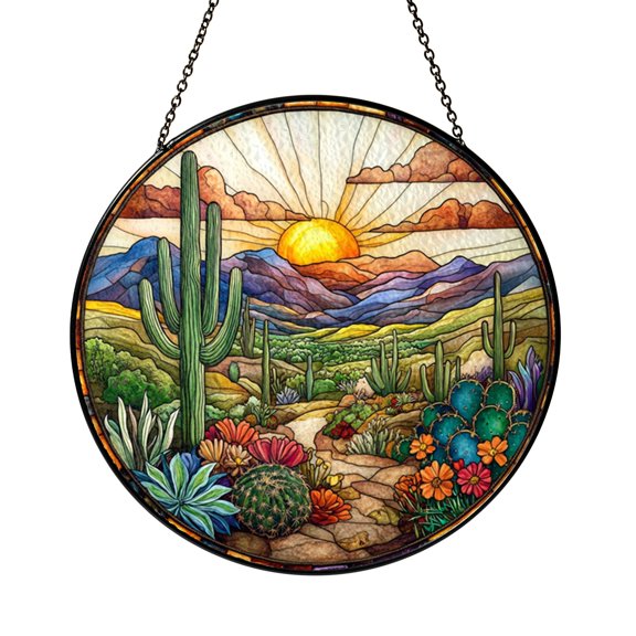 Desert Cactus Wildflower Scene Stained Glass Style Suncatcher Window Hanging Decor, Desert Landscape Decorative Glass Panel Art for Nature Window Decoration