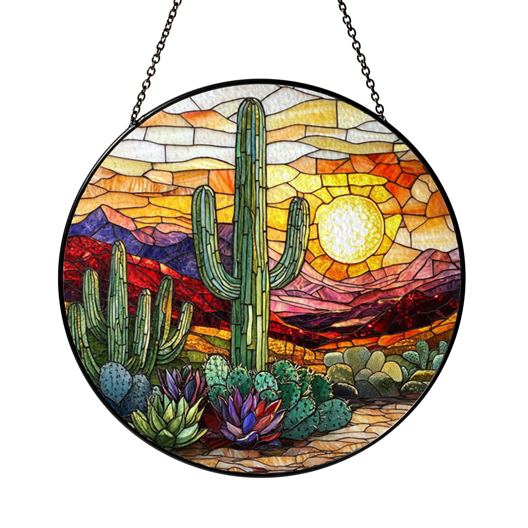 Desert Cactus Window Suncatcher, Faux Glass Landscape Decor for Boho ...