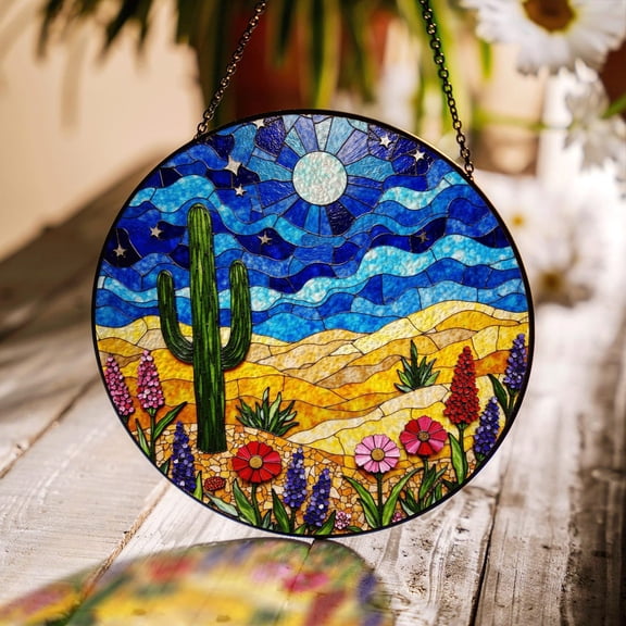Desert Cactus under Moon Sky Glass Suncatcher, Wildflower Field, Boho, 7.9 in
