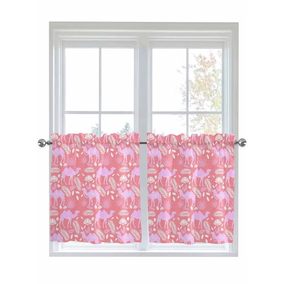 Desert Camel 2 Panel Kitchen Curtains for Small Windows, Vintage Sand Camel Leaves Flower Pattern Pink Bathroom Tier Curtain, Short Window Treatment for Bedroom/Living Room 55"x24"