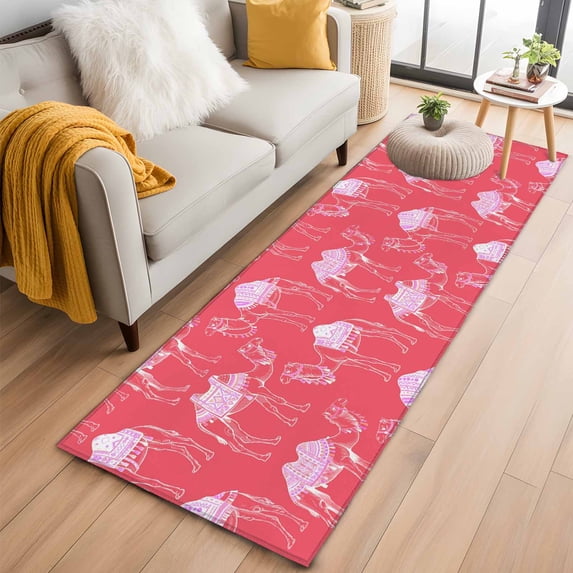 Desert Camel 2'x6' Runner Rug, Summer Sand Camel Animal Vintage Pink Washable Non-Slip Area Rugs for Hallway Kitchen Floor Bedroom Entryway, StainResistant Laundry Carpet Decoration Indoor Mat