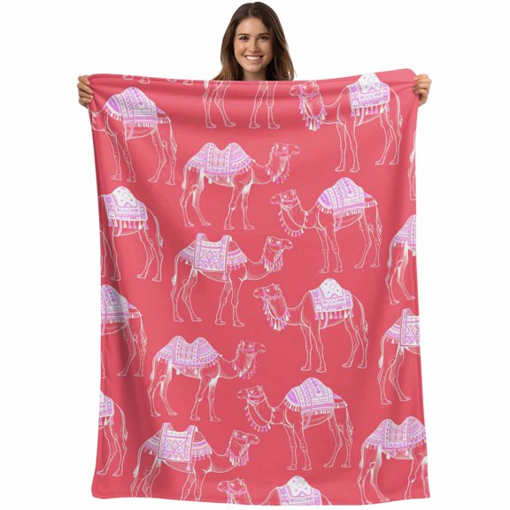 Desert Camel Blanket Soft Cozy Warm Throw Blanket for Couch, Plush Fuzzy Flannel Fleece Blankets for Sofa, Summer Sand Camel Animal Vintage Pink Bed Blankets Lightweight Gifts for Women, 50"x80"