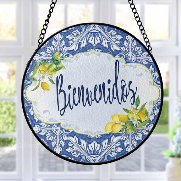 Lemon Stained Glass Suncatcher Metal Outdoor Decor Mediterranean Blue White Yellow