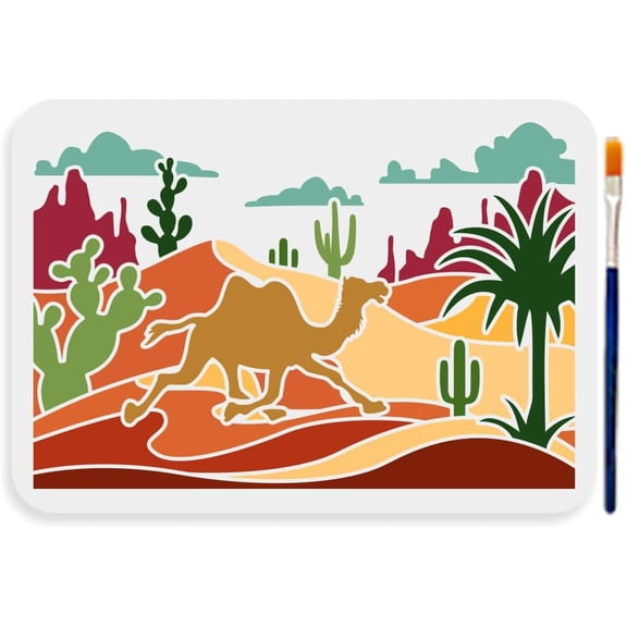 Desert Camel Cactus Stencil 11.78.3inch Large Desert Landscape Stencils with Paint Brush Tropical Cactus Tree Camel Template for Canvas Wall Wood DIY Craft Home Decor White DIY