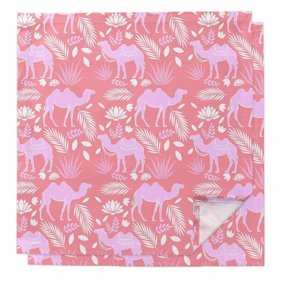 Desert Camel Cloth Napkins, Vintage Sand Camel Leaves Flower Pattern Pink Washable and Reusable Dinner Napkins Set of 2, Table Napkin for Kitchen Party Birthday Wedding Hotel Housewarming 20"x20"