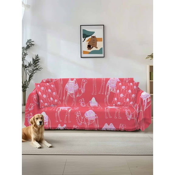 Desert Camel Couch Cover, Summer Sand Camel Animal Vintage Pink Sofa Cover Blanket for Loveseat Couches, Sectional Sofa Slipcover Furniture Protector for Living Room Bedroom 71''x118''