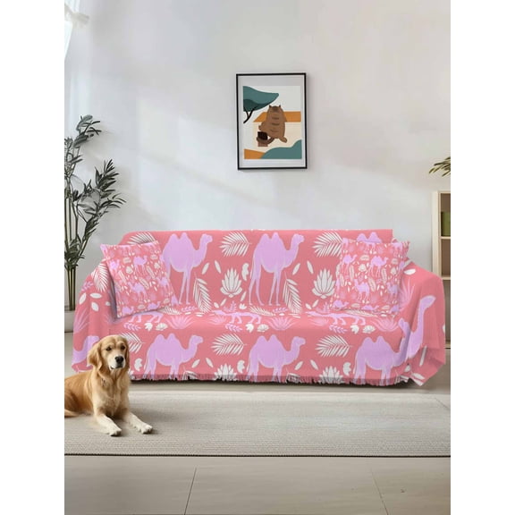 Desert Camel Couch Cover, Vintage Sand Camel Leaves Flower Pattern Pink Sofa Cover Blanket for Loveseat Couches, Sectional Sofa Slipcover Furniture Protector for Living Room Bedroom 71''x118''
