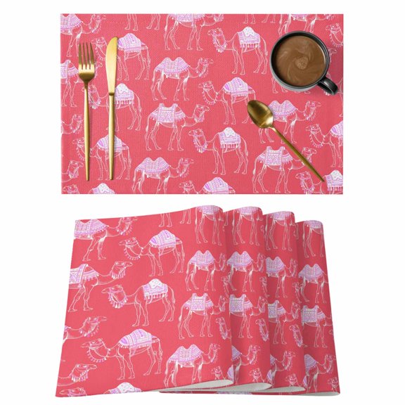 Desert Camel Placemats Set of 4 Summer Sand Camel Animal Vintage Pink Place Mats Indoor Wipeable Table Mats Washable Cloth Dining Table Placemats for Kitchen Holiday Party Home Decor 13x19 Inch