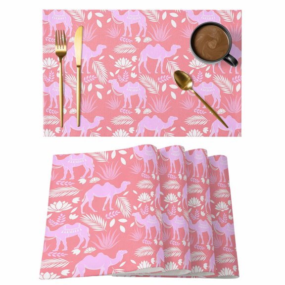 Desert Camel Placemats Set of 4 Vintage Sand Camel Leaves Flower Pattern Pink Place Mats Indoor Wipeable Table Mats Washable Dining Table Placemats for Kitchen Holiday Party Home Decor 13x19 Inch