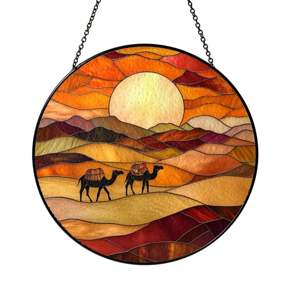 Desert Camel Stained Glass Style Suncatcher, Fantasy Sunset Sand Dunes Window Hanging Art Decor, Scenic Nature Home Window Decoration