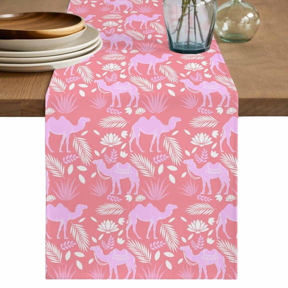 Desert Camel Table Runner, Vintage Sand Camel Leaves Flower Pattern Pink Washable Cotton Linen Table Runners 60 Inches Long, Dresser Scarf Runner for Coffee/TV Stands/Kitchen/Cabinets 13''x60''