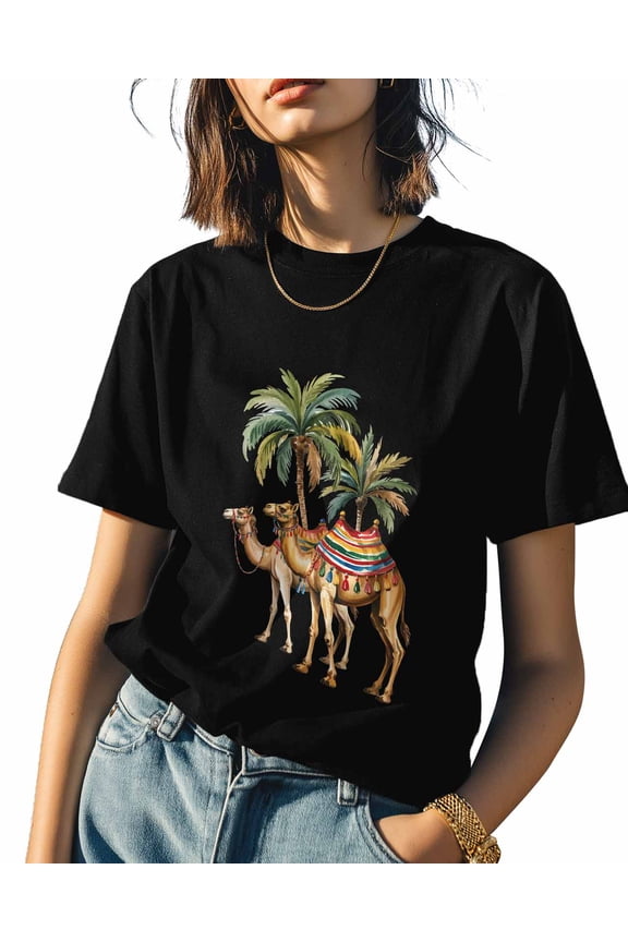 Desert Camel Womens Tshirt Graphic Tees Cotton Crew Neck T-Shirts, Casual Short Sleeve Shirts for Women Teen Girl Summer Coconut Tree