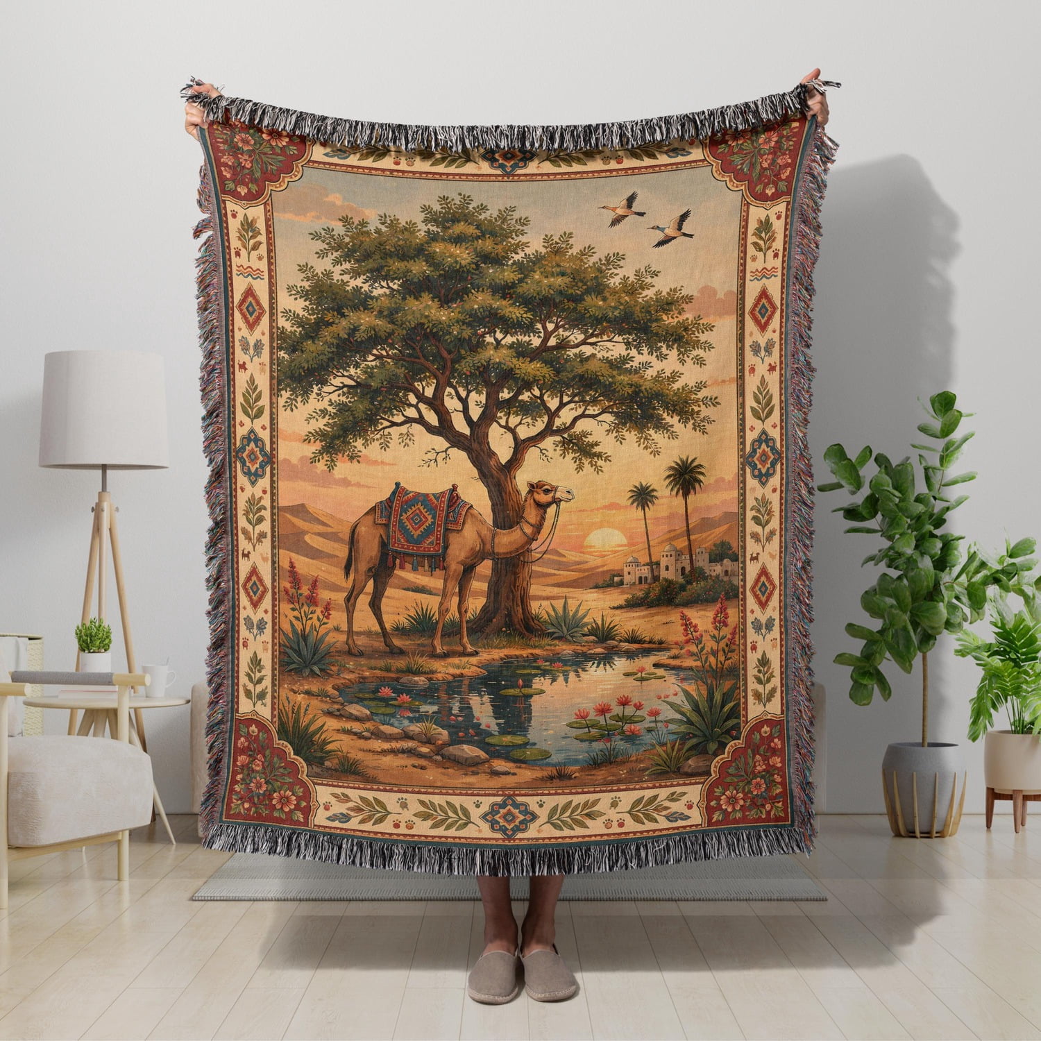 Desert Camel and Acacia Tree in Tan and Rust Woven Blanket, 100% Cotton ...