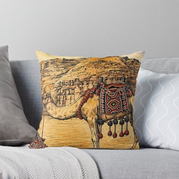 Desert Camel with Ornate Red Saddle Square Pillow Case, 100% Polyester Velvet, Tan and Brown Home Decor