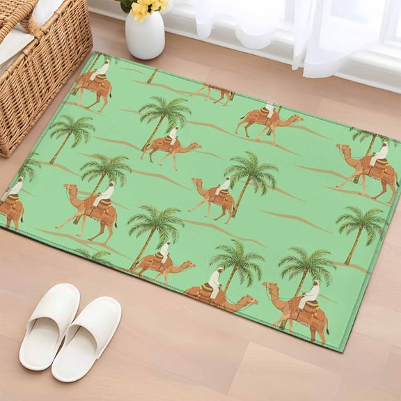 Desert Camels 2'x3' Washable Rug, Tropical Date Palm Trees Animal Green Non-Slip Soft Doormat Area Rugs for Entrance Bathroom Bedsides, StainResistant Carpet for Kitchen Bedroom, Entryway Floor Mat