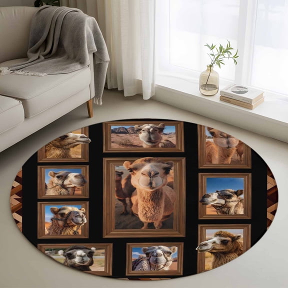Desert Camels 3ft Area Rug, Brown Wildlife Farmhouse Animals Rustic Washable Non-Slip Small Round Rugs for Entryway Bedroom Kitchen, Soft Circle Carpet for Dining Room, Playroom Nursery Rug