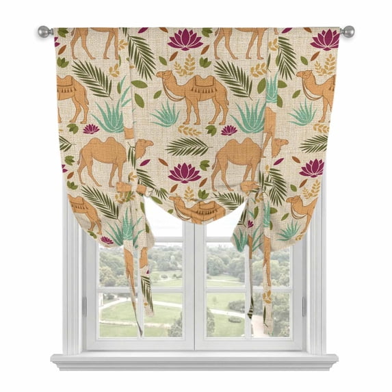 Desert Camels Balloon Curtains for Living Room/French Door, Vintage Sand Animals Aloe Vera Leaves Beige Tie Up Curtains 63 Inch Length Energy Saving Kitchen Curtains Shades for Windows 42"x63"