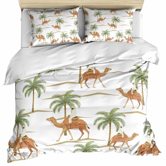 Desert Camels Bedding 3 Piece Duvet Cover Set Full Size, Tropical Date Palm Trees Animal Soft Microfiber Comforter Cover with Zipper Closure & Pillowcases, Wrinkle & FadeResistant Quilt Cover