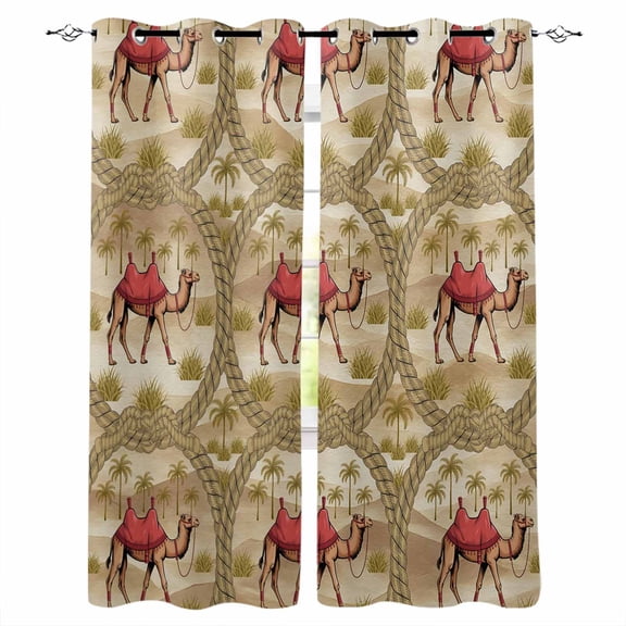 Desert Camels Blackout Curtains 39 Inches Long, Tropical Palm Trees Sand Cords Brown Thermal Insulated Black Out Curtains, Short Darkening Window Curtain Drapes for Cafe Bedroom 27.5"x39" 2 Panels