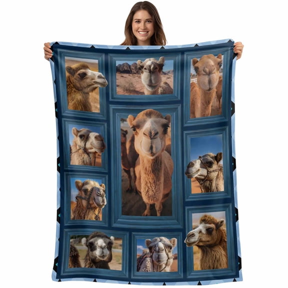 Desert Camels Blanket Soft Cozy Warm Throw Blanket for Couch, Plush Fuzzy Flannel Fleece Blankets for Sofa, Wildlife Brown Animals Blue Geometric Bed Blankets Lightweight Gifts for Women, 40"x60"
