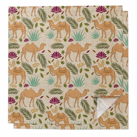 Desert Camels Cloth Napkins, Vintage Sand Animals Aloe Vera Leaves Beige Washable and Reusable Dinner Napkins Set of 2, Table Napkin for Kitchen Party Birthday Wedding Hotel Housewarming 20"x20"