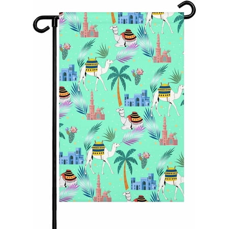 Desert Camels Garden Flag 12x 18 Double Side, Cute Animals Houses Palm Trees Leaves Green Garden Flags Outside House Flag Banner Welcome Yard Flag for Holiday Party Outdoor Decorations All Seasons