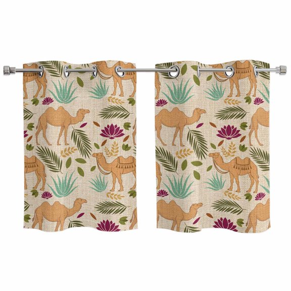 Desert Camels Kitchen Curtains Window Panels, Vintage Sand Animals Aloe Vera Leaves Beige Insulated Window Treatment Curtain, Grommet Curtains for Bedroom/Living Room/Bathroom, 2 Piece 27.5"Wx39"L