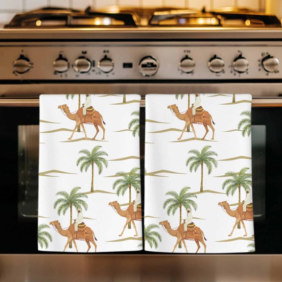 Desert Camels Kitchen Towels Set of 3, Tropical Date Palm Trees Animal Absorbent Dish Towels for Kitchen, Microfiber Hand Towel, Quick Drying Tea Towel for Cleaning Decorative Dishcloths