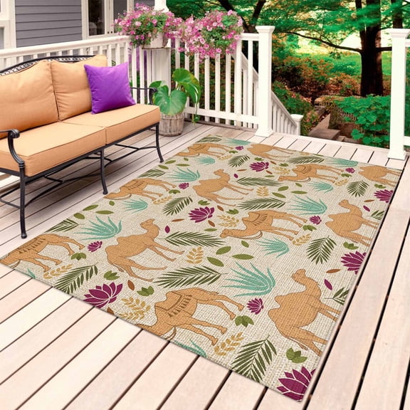 Desert Camels Outdoor Rug 3x5 Ft, Non Slip Washable Area Rug, Vintage Sand Animals Aloe Vera Leaves Beige Patio Rugs Carpet Runner, Large Floor Mat for Indoor/Outdoor Deck Porch Camping