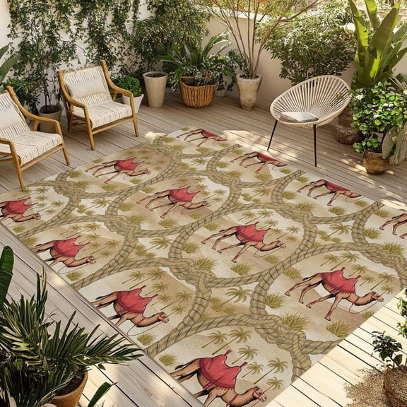 Desert Camels Outdoor Rug 6x9 Ft - Reversible Patio Rug Outdoor Camping Rugs, Tropical Palm Trees Sand Cords Brown Washable Indoor Outdoor Area Rugs, Non-Slip Outdoor Carpet Runner for Deck/Porch