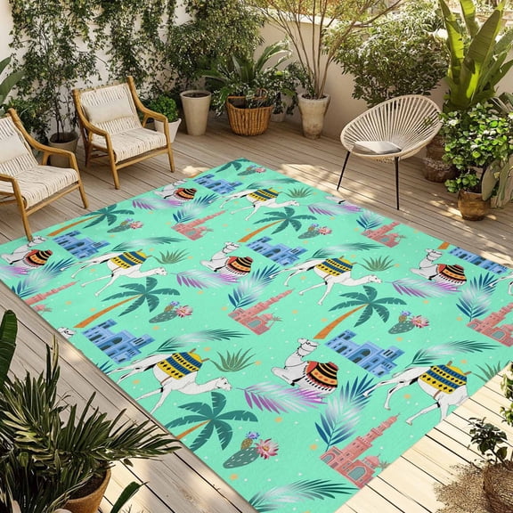 Desert Camels Outdoor Rug for Patio/Deck/Porch, Non-Slip Large Area Rug 4 x 6 Ft, Cute Animals Houses Palm Trees Leaves Green Indoor Outdoor Rugs Washable Area Rugs, Camping Rug Carpet Runner