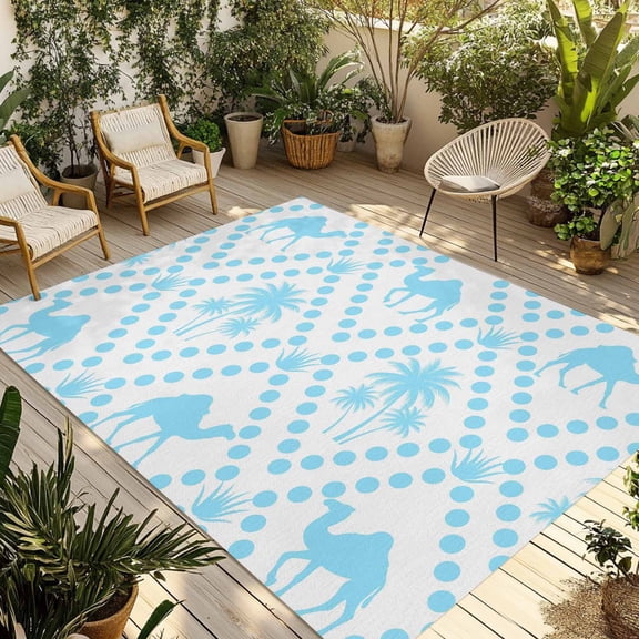 Desert Camels Outdoor Rug for Patio/Deck/Porch, Non-Slip Large Area Rug 6 x 9 Ft, Tropical Palm Trees Aloe Vera Polka Dot Blue Indoor Outdoor Rugs Washable Area Rugs, Camping Rug Carpet Runner