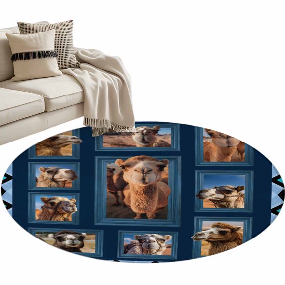Desert Camels Round Area Rugs Collection 3', Wildlife Brown Animals Blue Geometric Non Slip Indoor Circular Throw Runner Rug Floor Mat Carpet for Living Room Dining Table Bedroom Nursery