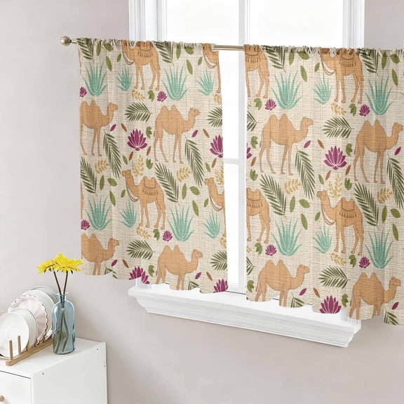 Desert Camels Sheer Curtains 45 Inch Length 2 Panels Set Window Treatments, Vintage Sand Animals Aloe Vera Leaves Beige Rod Pocket Semi Curtains for Living Room/Bedroom/Kitchen Décor, 104"W x 45"L