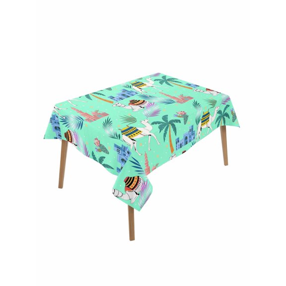Desert Camels Table Cloth, Waterproof Tablecloth for Rectangle Tables, Cute Animals Houses Palm Trees Leaves Green Reusable Washable Fabric Table Cover for Restaurant Kitchen Dining Tables 60"x84"