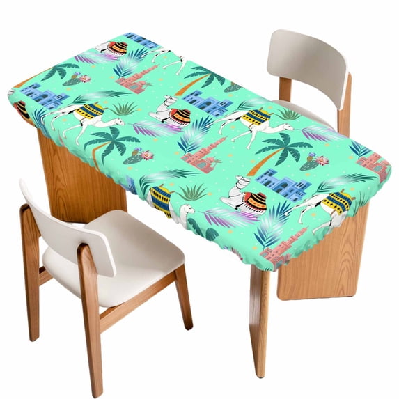 Desert Camels Table Cloths for 3 Foot Rectangle Tables, Cute Animals Houses Palm Trees Leaves Green Patio Waterproof Elastic Fitted Tablecloths, Washable Rectangular Table Cover for Camping