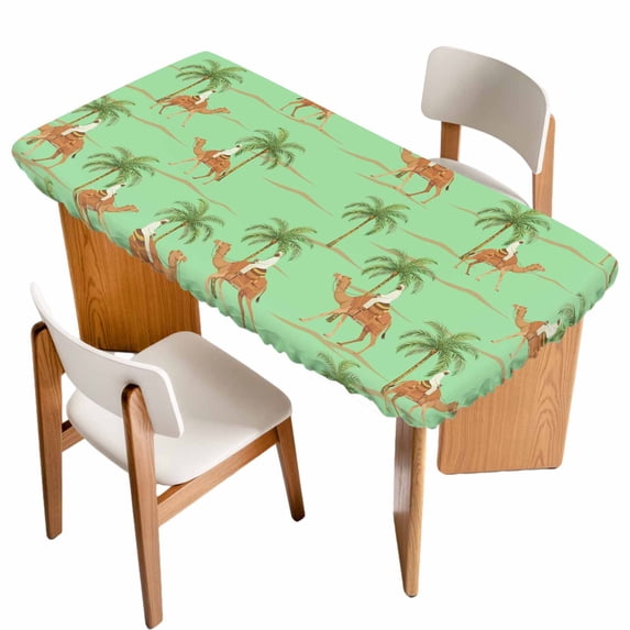 Desert Camels Table Cloths for 3 Foot Rectangle Tables, Tropical Date Palm Trees Animal Green Patio Waterproof Elastic Fitted Tablecloths, Washable Rectangular Table Cover for Camping