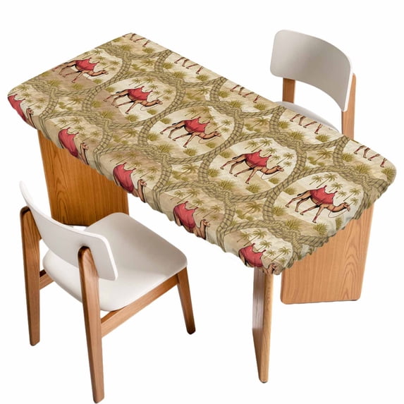 Desert Camels Table Cloths for 5 Foot Rectangle Tables, Tropical Palm Trees Sand Cords Brown Patio Waterproof Elastic Fitted Tablecloths, Washable Rectangular Table Cover for Camping