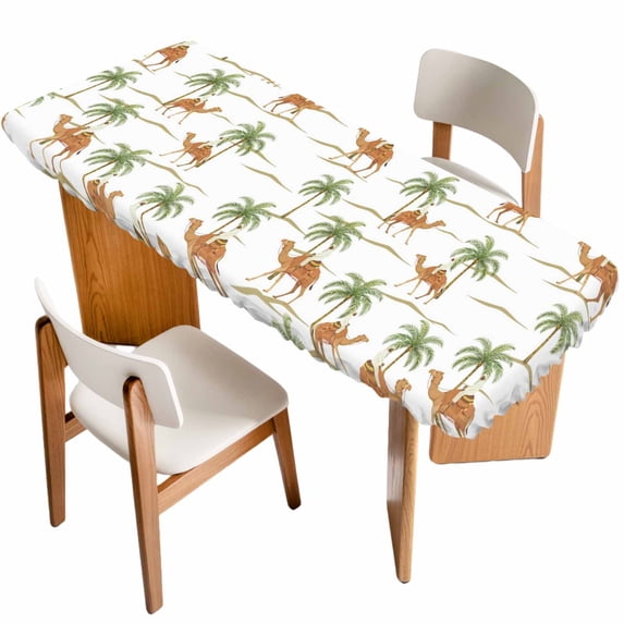Desert Camels Table Cloths for 8 Foot Rectangle Tables, Tropical Date Palm Trees Animal Patio Waterproof Elastic Fitted Tablecloths, Washable Rectangular Table Cover for Camping