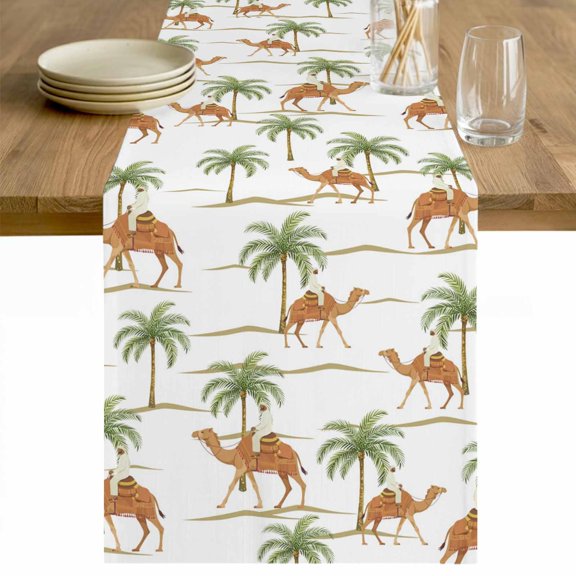 Desert Camels Table Runner - 36 Inch Long Tropical Date Palm Trees Animal Cotton and Linen Blended Dress Scarves Farmhouse Table Runner for Kitchen Dining, Coffee Table, 13" x 36"