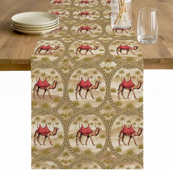 Desert Camels Table Runner - 36 Inch Long Tropical Palm Trees Sand Cords Brown Cotton and Linen Blended Dress Scarves Farmhouse Table Runner for Kitchen Dining, Coffee Table, 13" x 36"