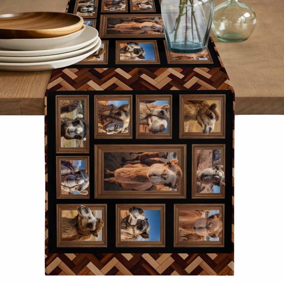 Desert Camels Table Runner, Brown Wildlife Farmhouse Animals Rustic Washable Cotton Linen Table Runners 36 Inches Long, Dresser Scarf Runner for Nightstand/End Tables/Round Tables 13''x36''
