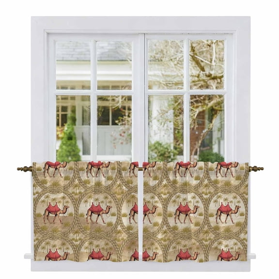Desert Camels Tier Curtains 24 Inch Length, Tropical Palm Trees Sand Cords Brown Cafe Short Curtains for Bathroom Over Sink, Small Kitchen Curtain Light Filtering Tiered Drapes 2 Panels 27.5"Wx24"L