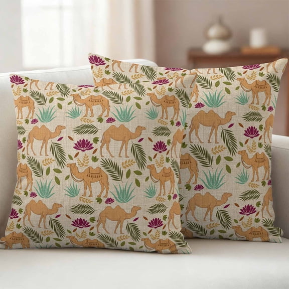 Desert Camels Waterproof Outdoor Throw Pillow Covers 24"x24" Pack 2, Pillow Cases Throw Cushion Cover with Zipper, Vintage Sand Animals Aloe Vera Leaves Beige Washable Pillowcase for Poolside Sofa